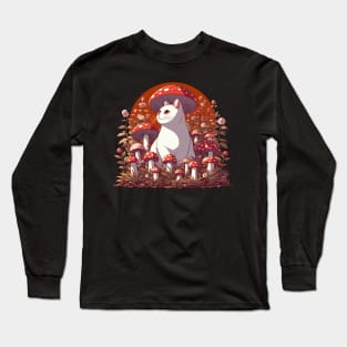 Funny Vintage White Cat in Mushroom Garden Long Sleeve T-Shirt